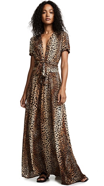 model wearing a Melissa Odabash leopard print deep v neck maxi dress